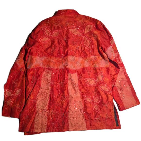 Vtg 1990s Chico's Red Orange 100% Silk Floral Embroidered Button Up Jacket 1 M - Picture 2 of 4